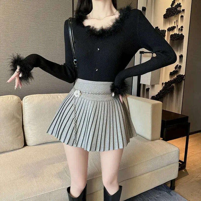 Korean Preppy Style Mini Skirt – High Waist, Pleated, Lace-up, Elegant - D&M Boutique
