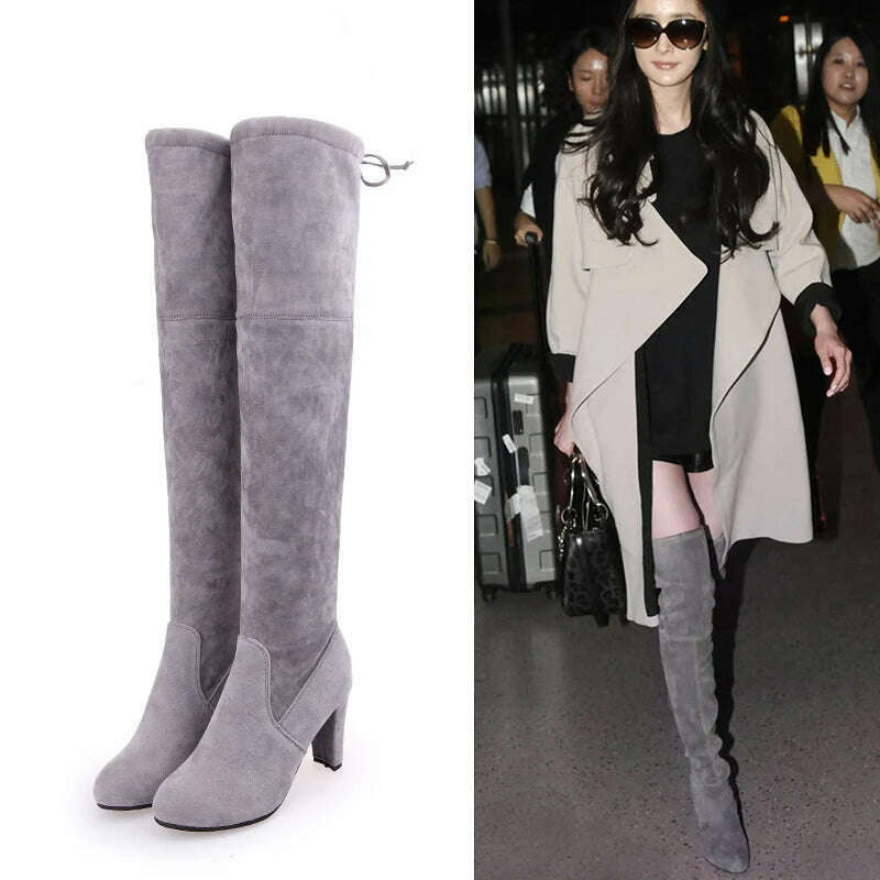 LINLING Faux Suede Over-the-Knee Lace-Up Boots
