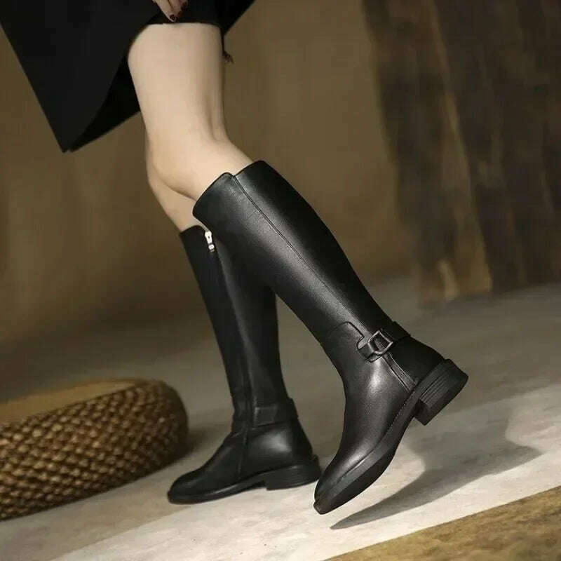 2024 maogu Women's Leather Knee High Boots – Low Heel