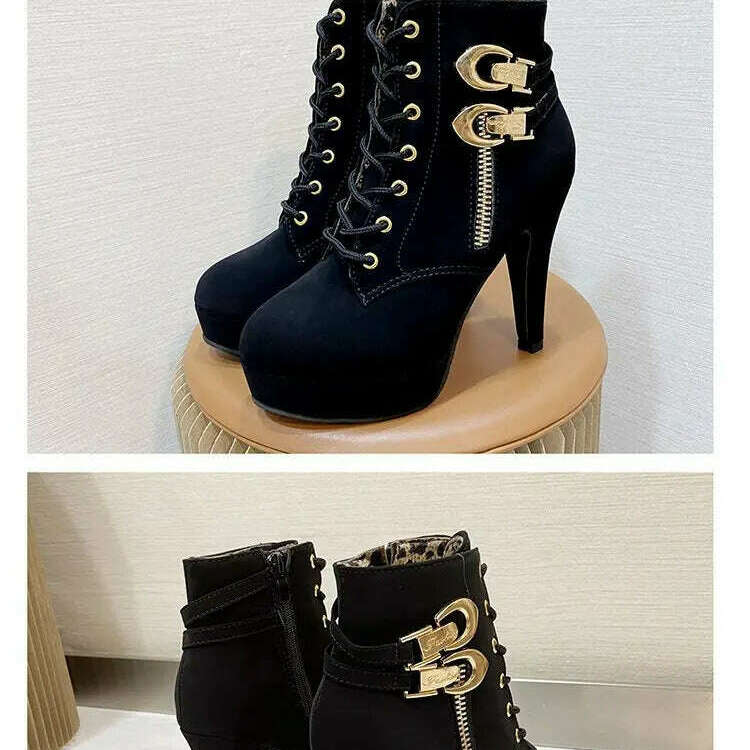 Chunky Heeled Ankle Boots - Metal Decor, Lace-Up Platform