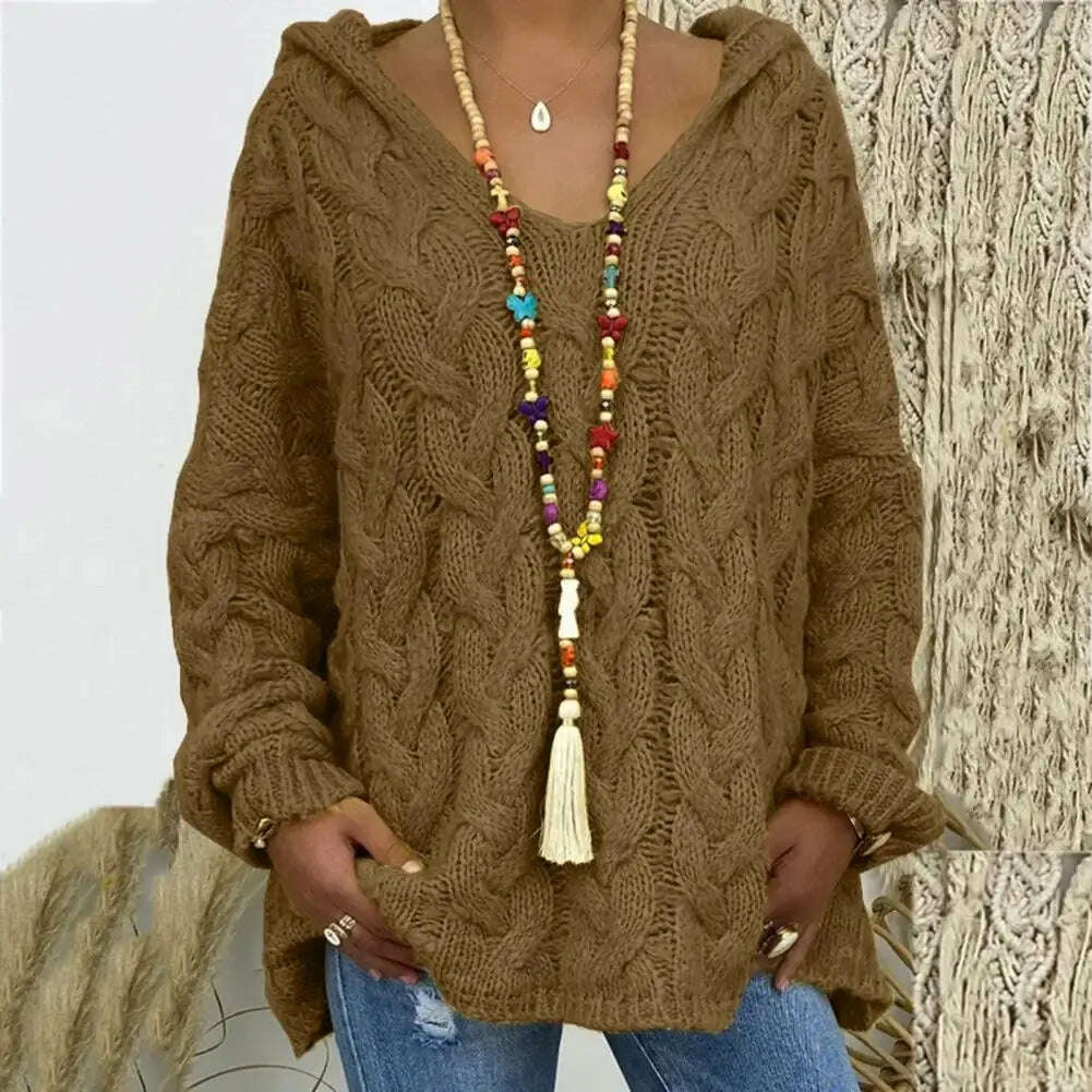 Hooded V-Neck Twist Knitted Hoodie: Autumn/Winter Loose Sweater - D&M Boutique