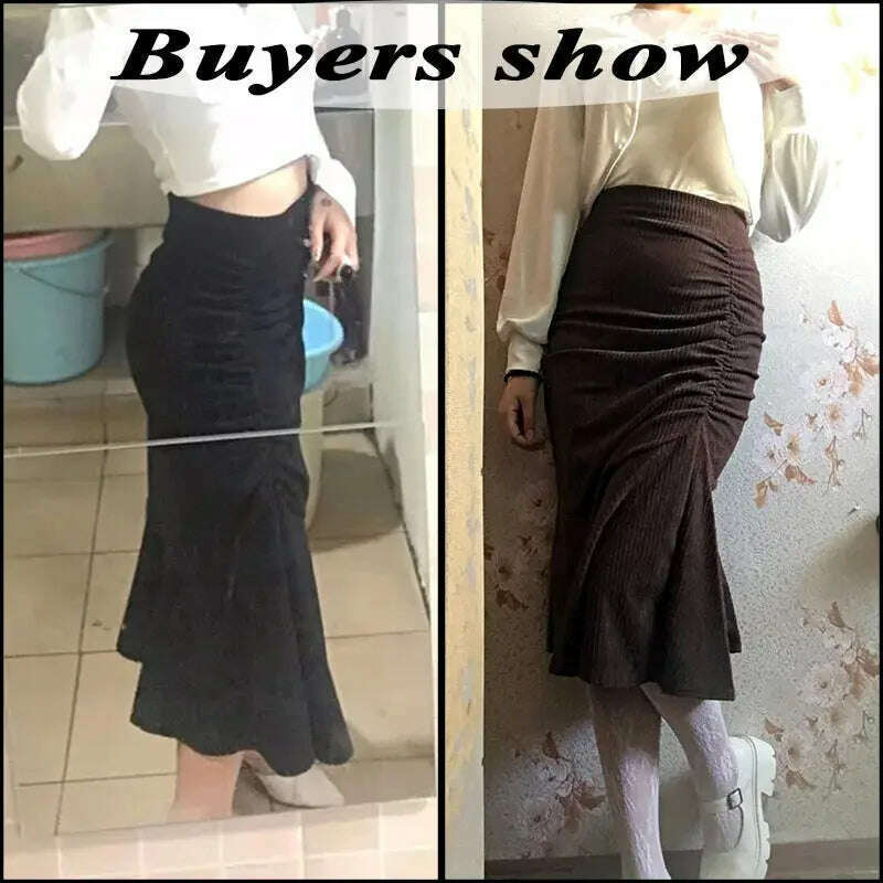 Lucyever High Waist Midi Skirt – Slim Fit, Ruffles, Brown - D&M Boutique