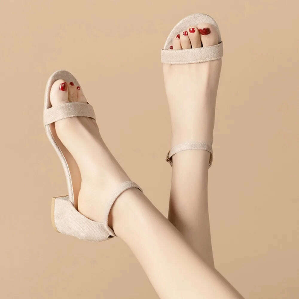 Beige High Heel Sandals - Open Toe Buckle & Square Heel