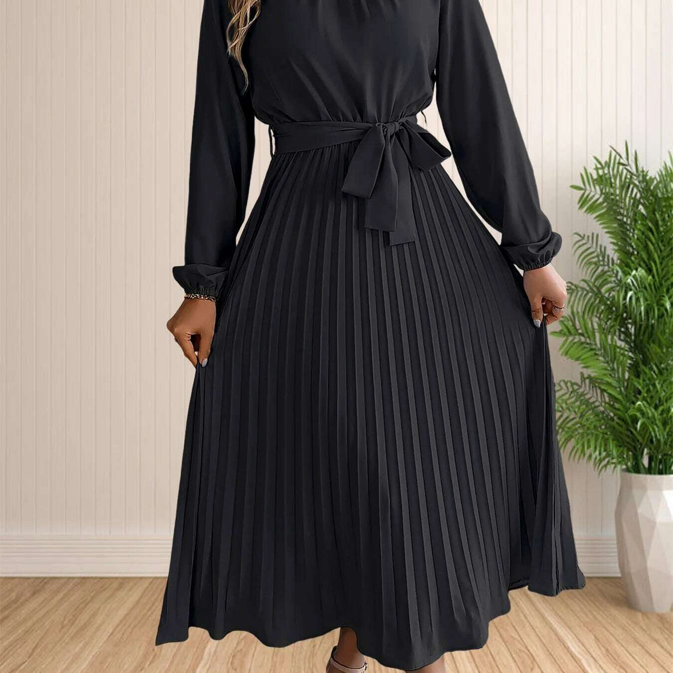 Elegant Pleated Lace-Up Long Sleeve A-Line Sundress
