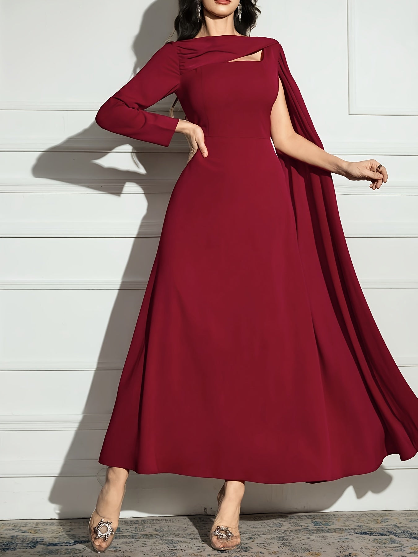 Elegant Maroon A-Line Midi Dress with Keyhole Detail - Long Sleeve, Round Neck, Flowing Silhouette, Perfect for Weddings & Formal Events, A Dress for Women