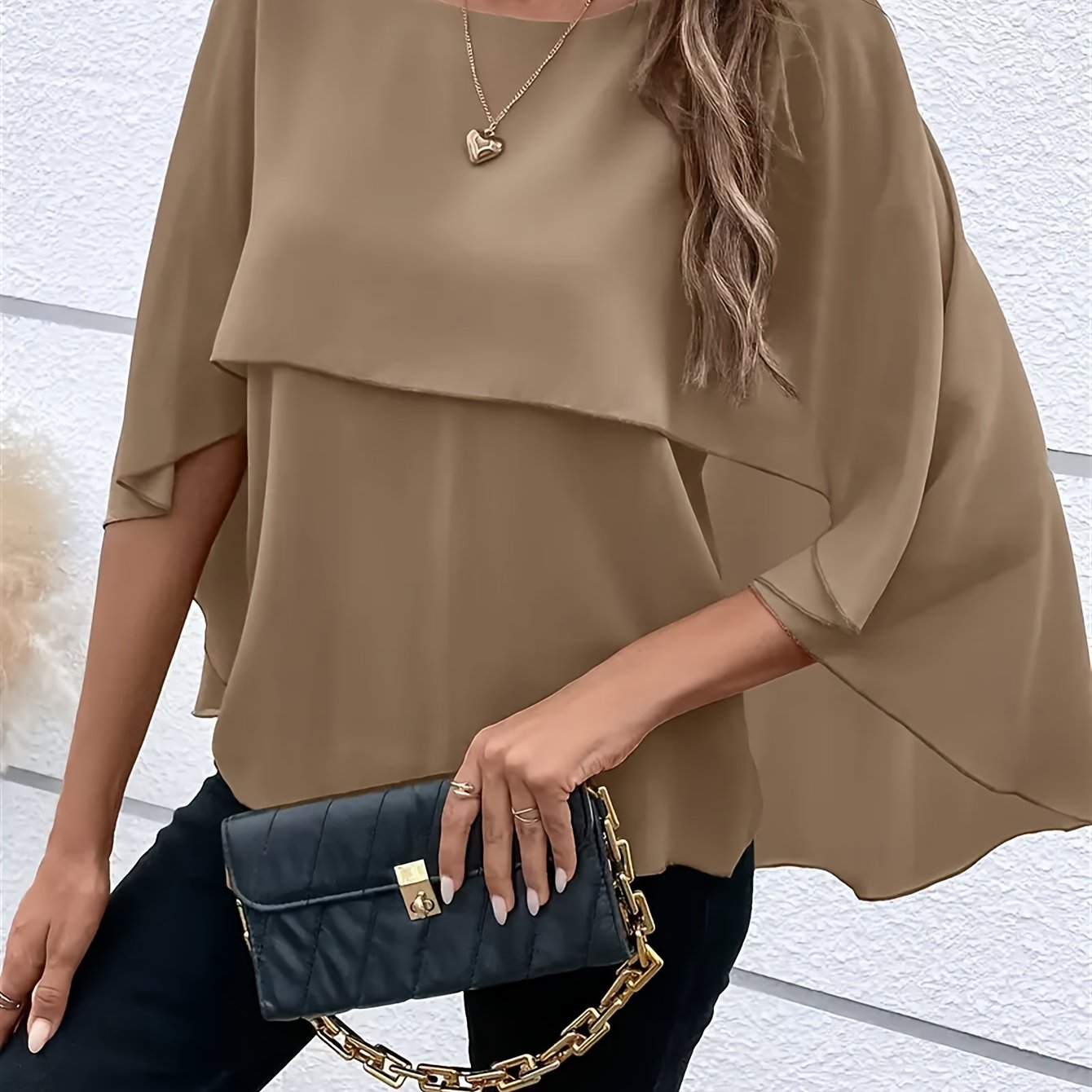 Solid Color Layered Cape Sleeve Shirt, Versatile Round Neck Shirt For Spring And Autumn, Women'S Clothing