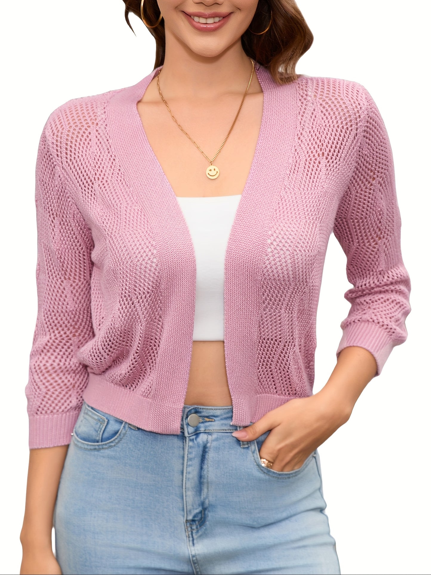 2025 Women'S 3/4 Sleeve Crochet Knit Open Front Cardigan Cropped Shrug Bolero Lightweight Sweaters Tops
