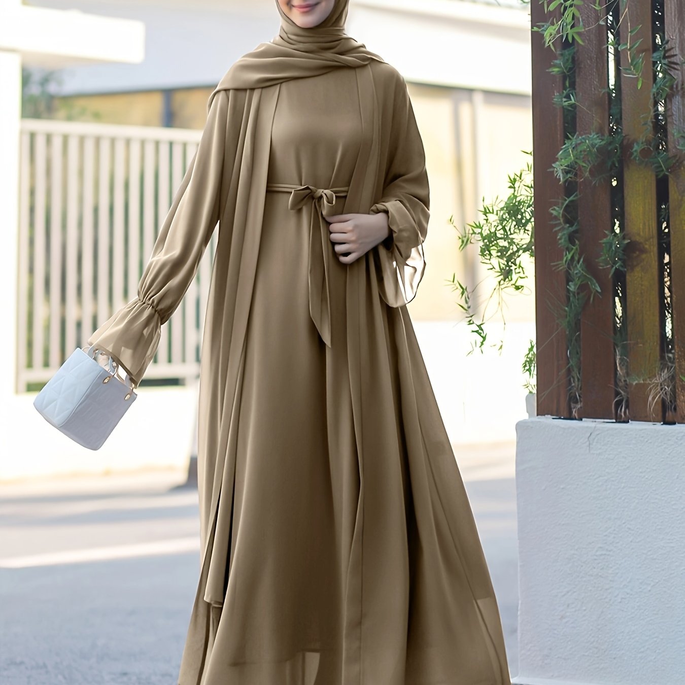 Middle Eastern Muslim Elegant Chiffon Abaya Set with Vest and Belted Outer Wrap