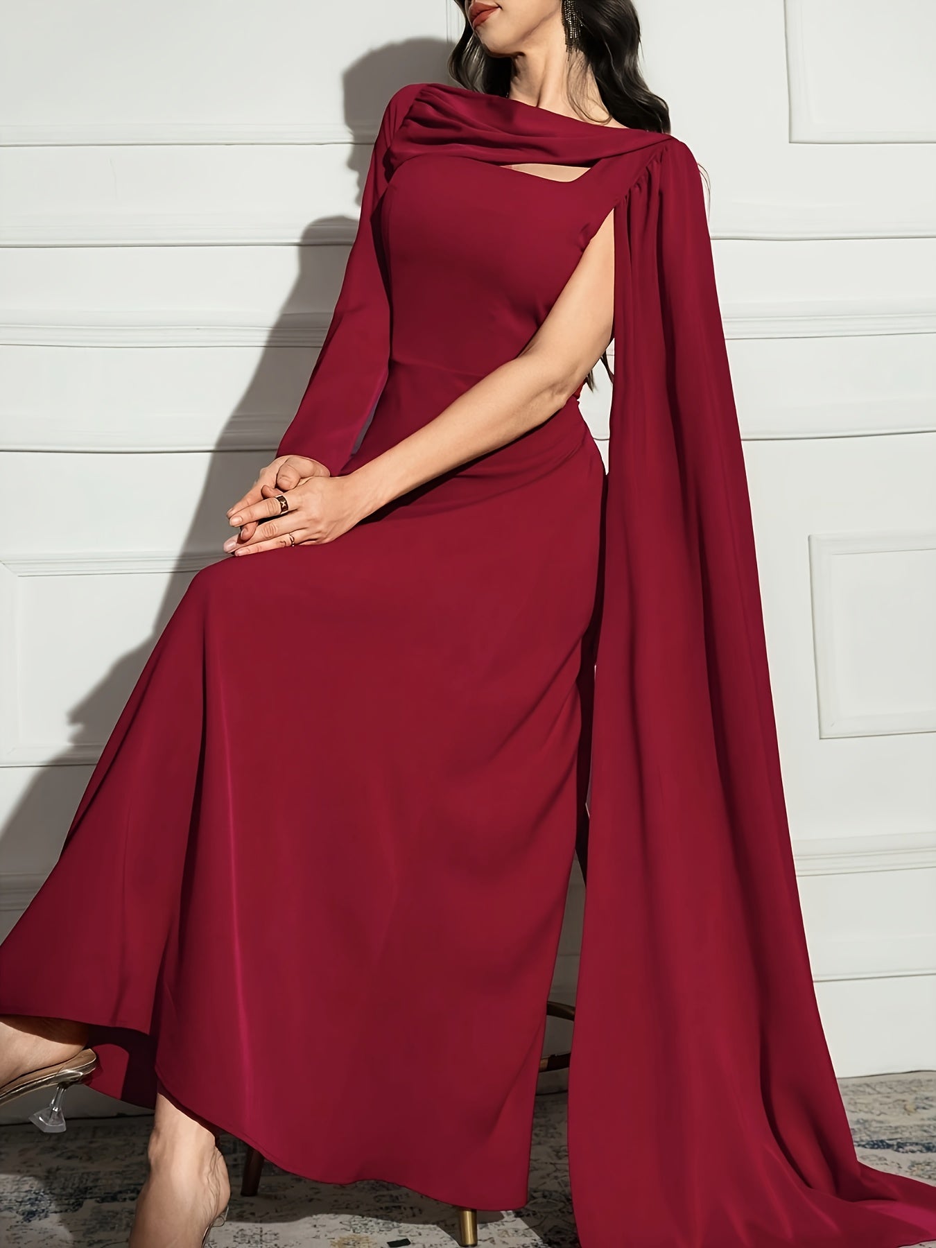 Elegant Maroon A-Line Midi Dress with Keyhole Detail - Long Sleeve, Round Neck, Flowing Silhouette, Perfect for Weddings & Formal Events, A Dress for Women