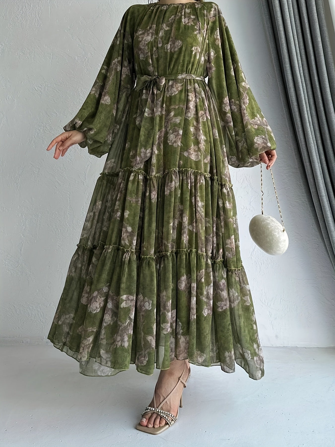 Women'S Elegant Black Floral Print Maxi Dress with Belt - Perfect for All Seasons, All-Season Dress | Floral Print Dress | Ruffled Hemline, Dress