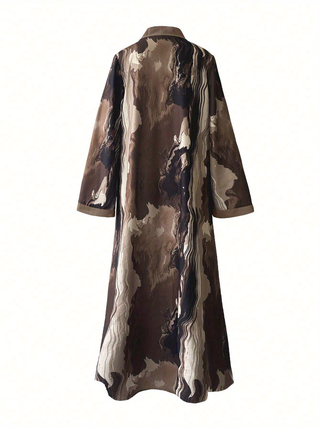Two-Piece Elegant Brown and Black Abstract Print Robe with Matching Scarf Set, Suitable for Spring/Summer Formal or Semi-Formal Occasions