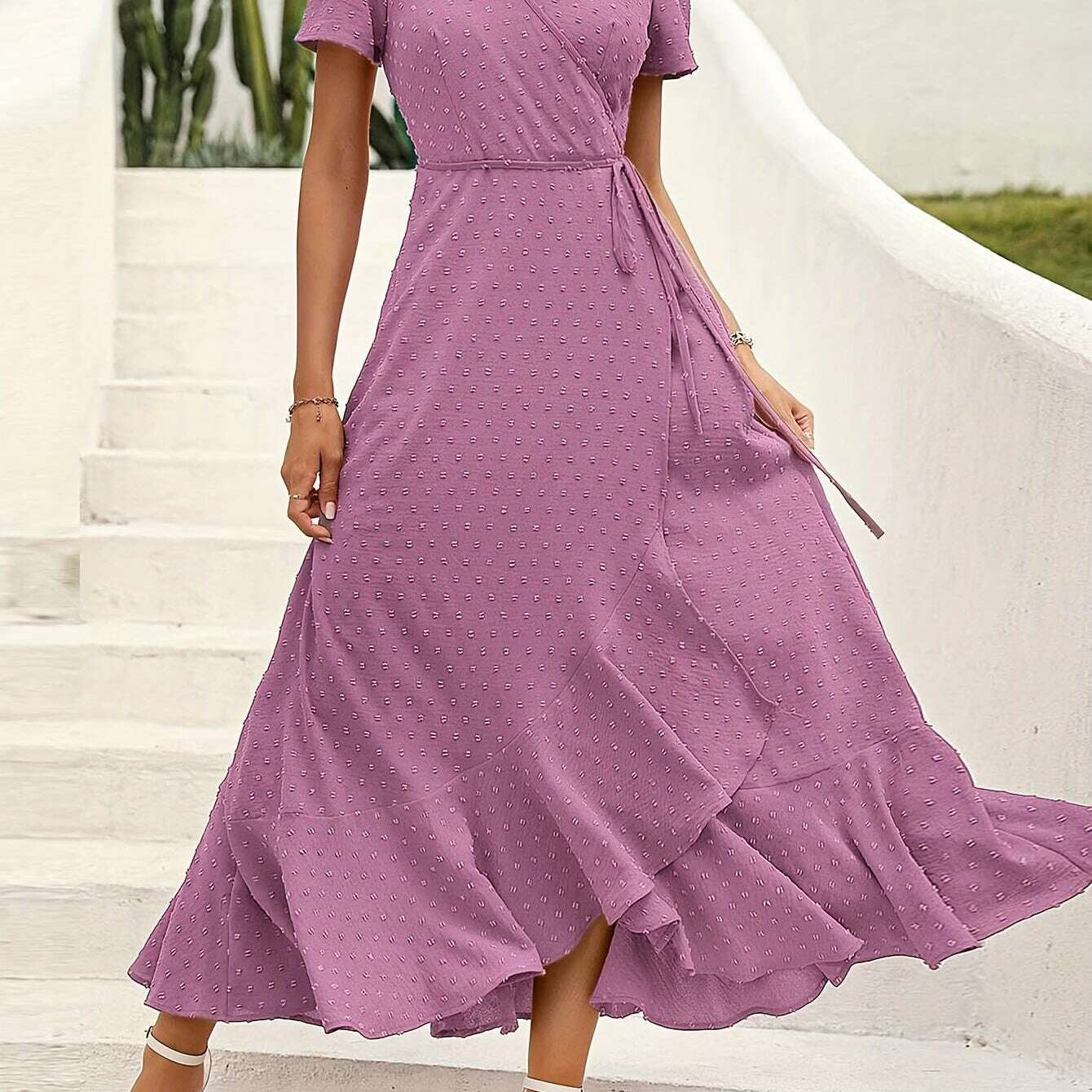 Elegant Women's Swiss Dot Surplice Neck Maxi Dress - D&M Boutique