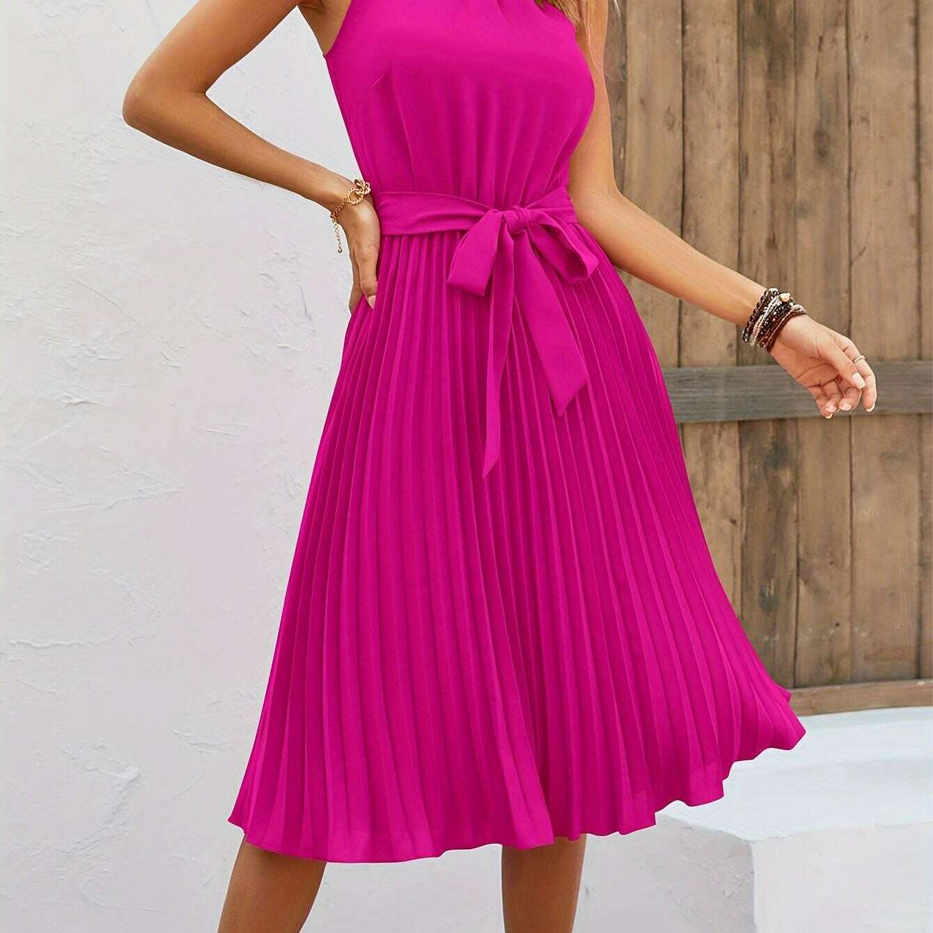 Women's Sleeveless Halter Pleated A-Line Summer Dress - D&M Boutique