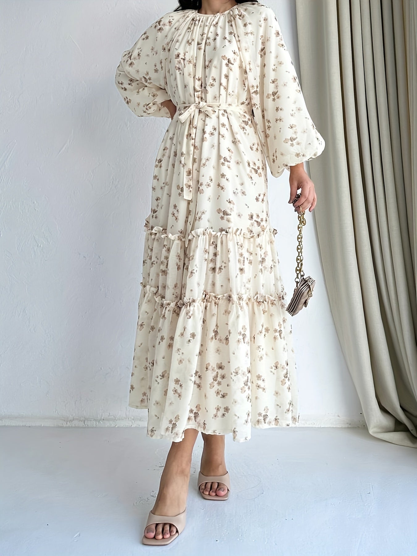 Stunning Floral Print Crew Neck A-Line Dress - Elegant Long Sleeve, Tiered Hem, Comfortable Fit, Versatile Occasion Wear - Womens Clothing for Everyday Elegance