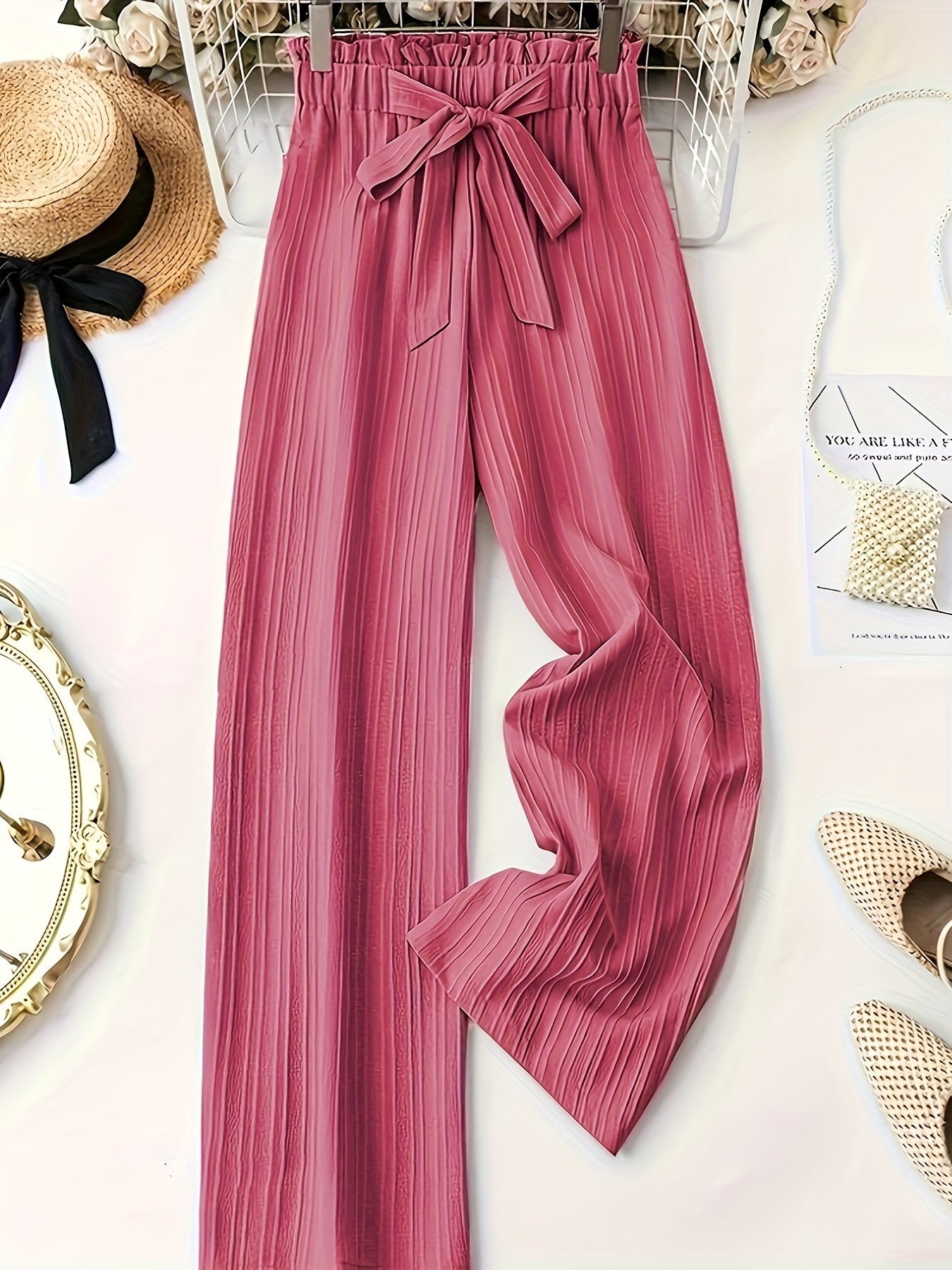 3pcs Women'S Elegant Solid Color Striped Long Pants with Bow Detail - Comfortable Loose Fit, Elastic Waistband, Perfect for Spring & Summer Casual Wear