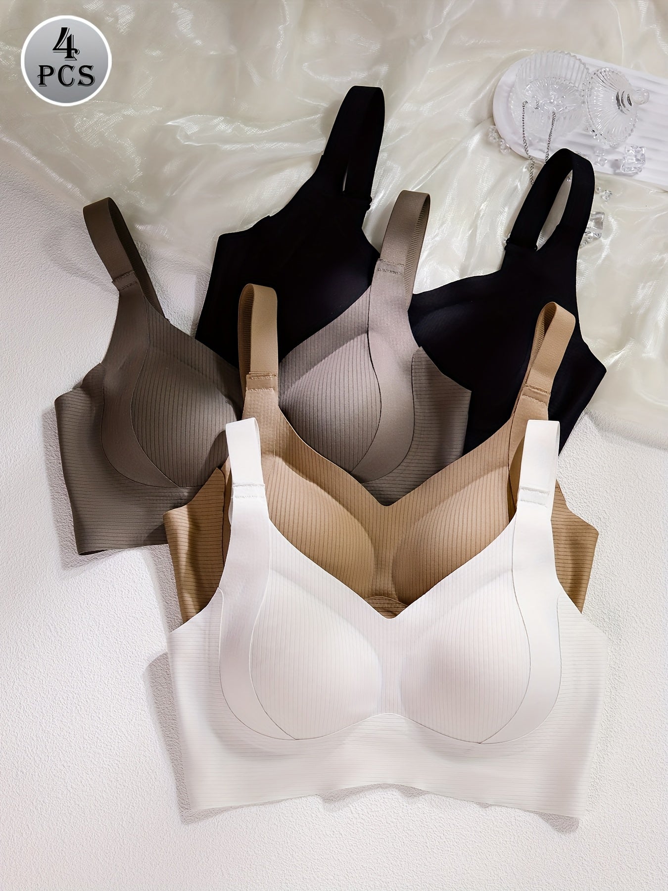4pcs Women'S Seamless Bra - Elegant Solid Color, Wide Straps And Built-In Bra, Comfortable And Breathable Wireless Support, Non-Padded Ribbed Texture - Available in White, Beige, Black, Brown, Medium Support Bra|Seamless Unde