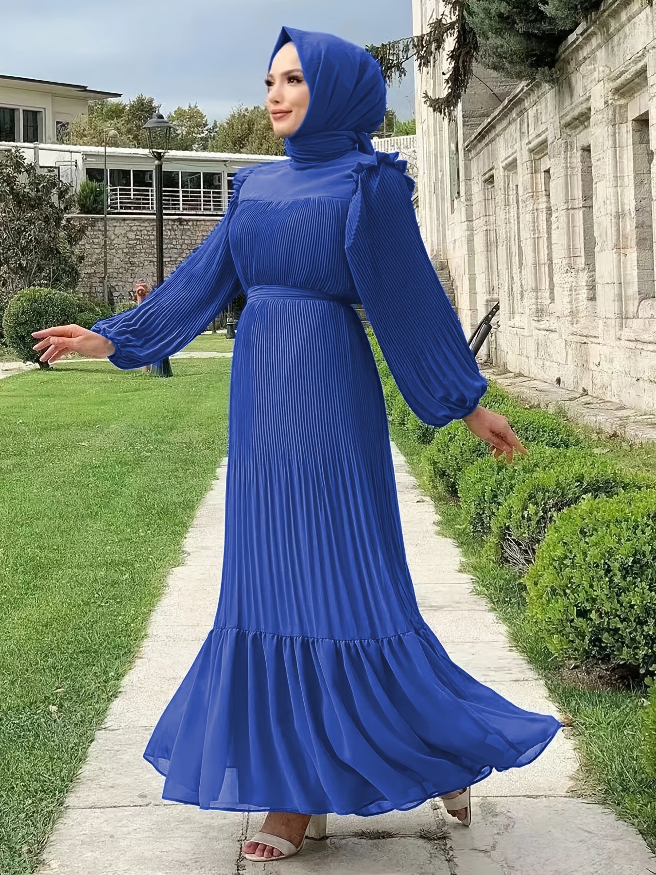 Women's Middle Eastern Muslim Abaya Kaftan Dress - Modest Long Sleeve Ruffled Hem Solid Color Traditional Dress with Belt, Machine Washable All-Season Casual Wear, Modest Apparel | Soft Texture