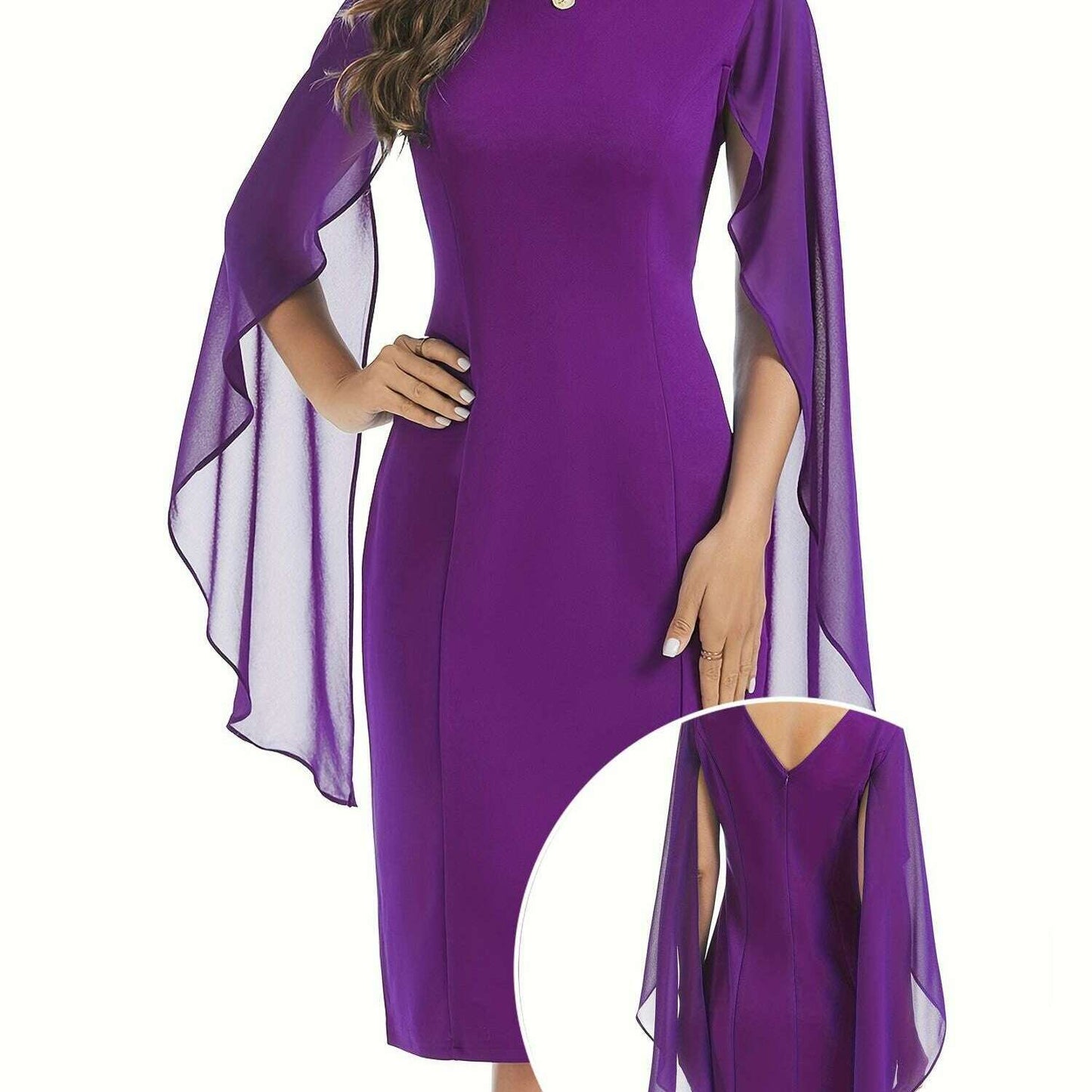 Elegant Midi Bodycon Dress with Cape Sleeves and Slit Hem - D&M Boutique