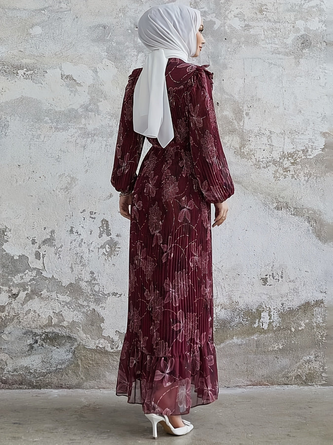Stunning Floral Print Crew Neck Long Sleeve Abaya Dress - Elegant Ruffle Hem Maxi Length, Belted, Polyester, Machine Washable, Woven, Middle Eastern Style Womens Clothing for All Seasons