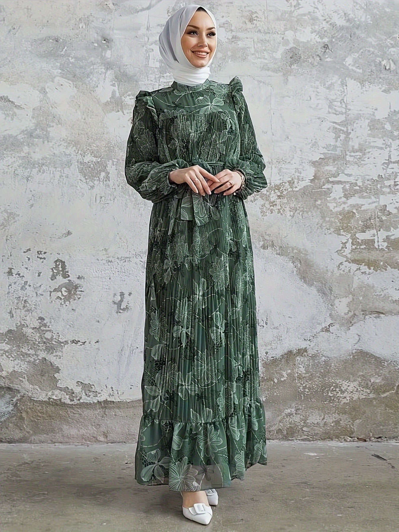 Stunning Floral Print Crew Neck Long Sleeve Abaya Dress - Elegant Ruffle Hem Maxi Length, Belted, Polyester, Machine Washable, Woven, Middle Eastern Style Womens Clothing for All Seasons