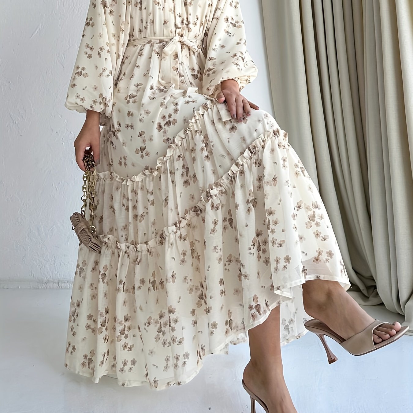 Stunning Floral Print Crew Neck A-Line Dress - Elegant Long Sleeve, Tiered Hem, Comfortable Fit, Versatile Occasion Wear - Womens Clothing for Everyday Elegance