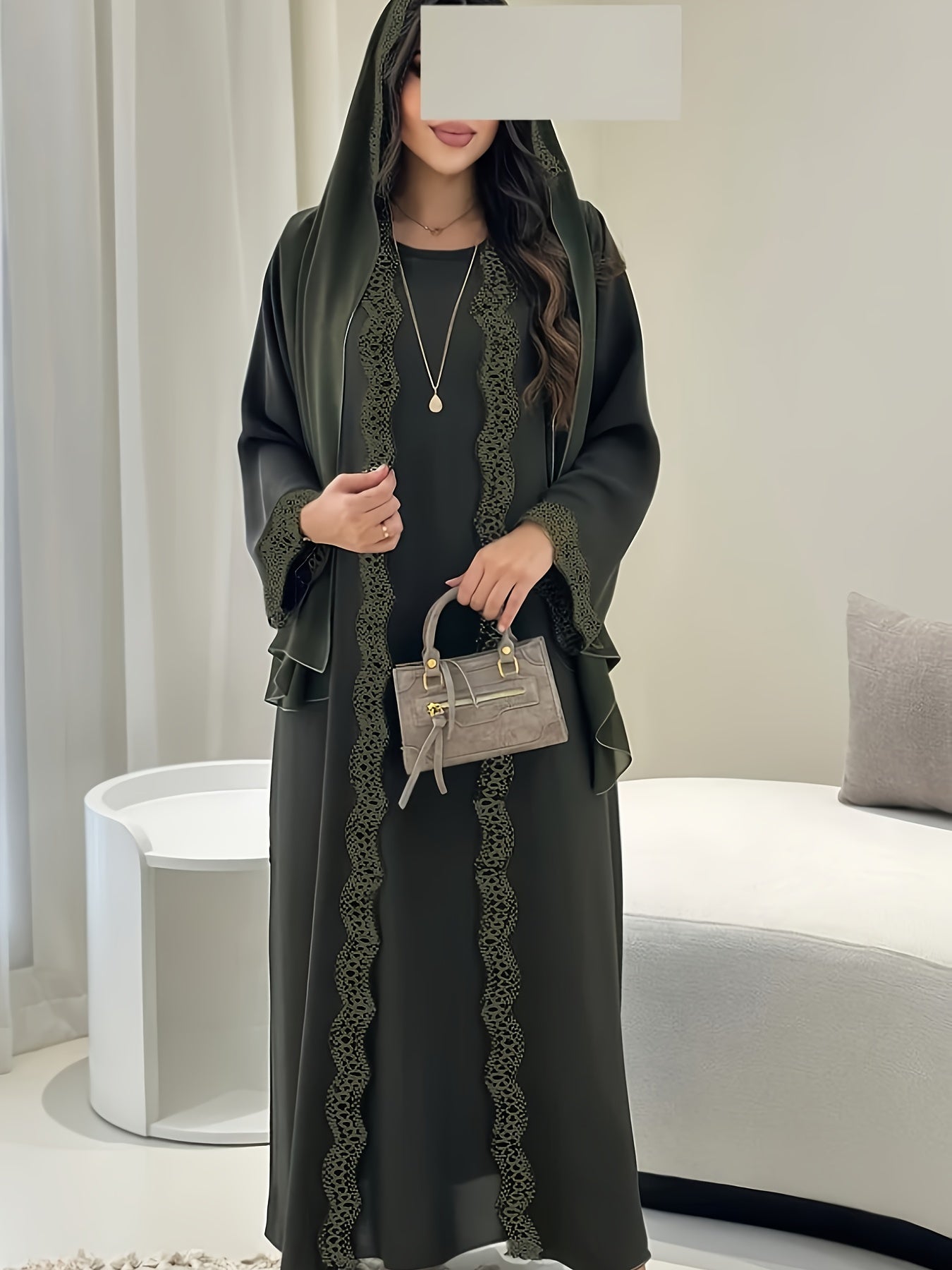 3pcs Middle Eastern Abaya Robe Set - Modest Long Sleeve Lace-Trimmed Abaya with Headscarf, Solid Color, Non-Stretch Fabric, Regular Sleeve, All-Season Wear, Loose Fit, H-Line Silhouette, Islamic Fashion, Modest Apparel | Lace
