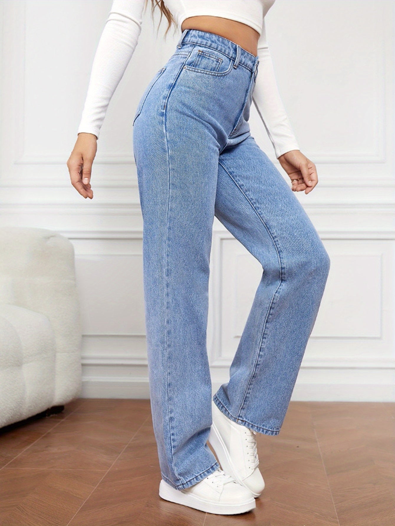Women's High Waist Stretchy Jeans - Non-See-Through Washed Denim Pants with Straight Leg Fit, Stretchy Fabric for Everyday & Formal Outfits - Machine Washable All-Season Women's Pants, Street Style, Sleek Silhouette, Comforta