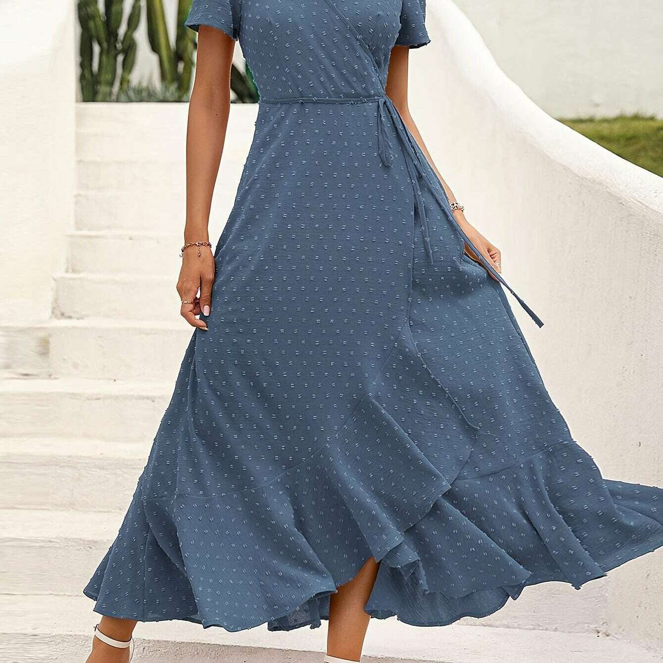 Elegant Women's Swiss Dot Surplice Neck Maxi Dress - D&M Boutique
