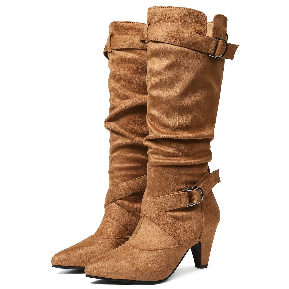 Women's Brown Retro Mid-Calf Boots - Thick High Heels, Pointed Toe, Buckle Straps, Stylish Pull-On for Party or Office, Suedelike