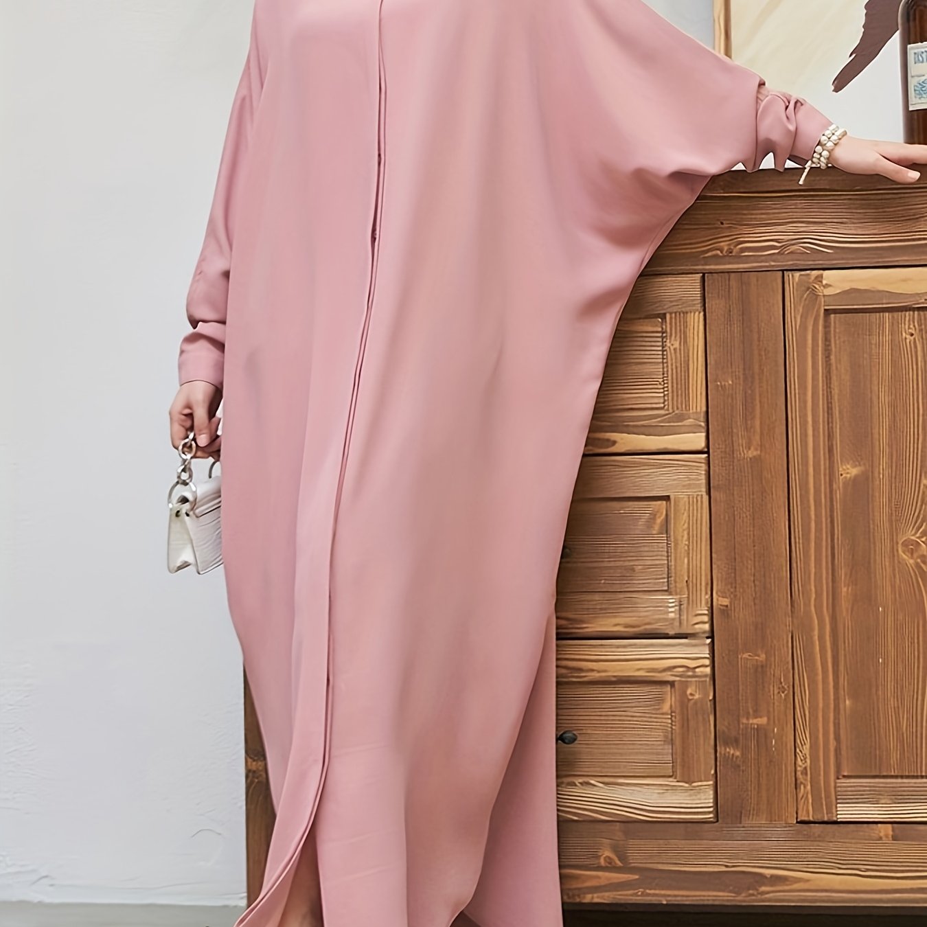 Ramadan Modest Batwing Sleeve Kaftan Dress - Solid Black Loose Fit Maxi Dress with Slit Hem & Button Front, Non-Stretch Fabric for Women, All-Season Versatile Abaya