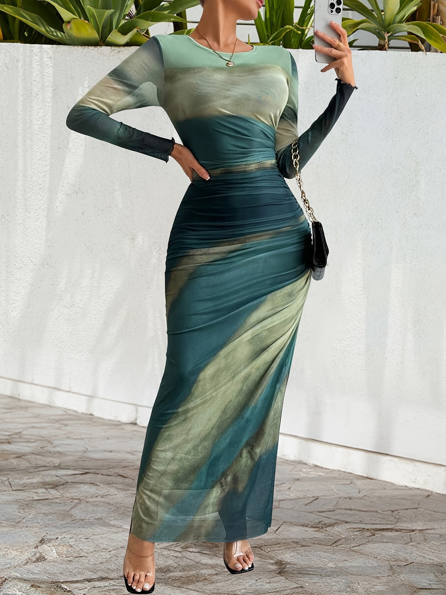 Women's Elegant Formal & Party Dress - Teal to Green Gradient, Stretchy Gauze-like Fabric, Flattering Slim Fit Mermaid-like silhouette for Evening Events, Weddings, Business Functions - Easy Hand Wash Care, Elegant Formal Dre