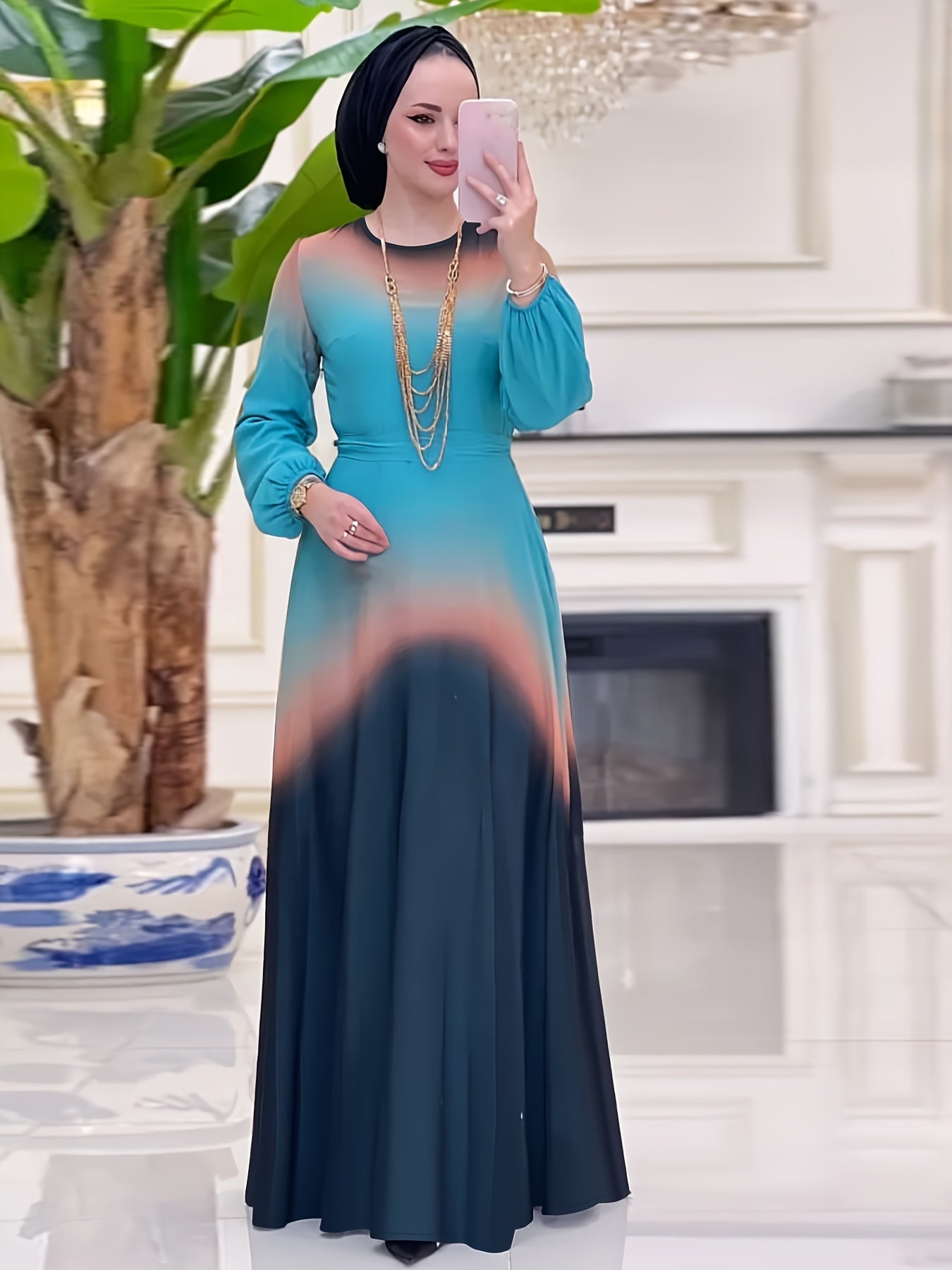 Women's Middle Eastern Muslim Abaya Kaftan Dress - Teal to Orange Gradient Long Sleeve Long Dress, Machine Washable All-Season Modest Traditional Attire for Casual & Formal Occasions, Muslim Dress, Special Occasion Wear, Flow