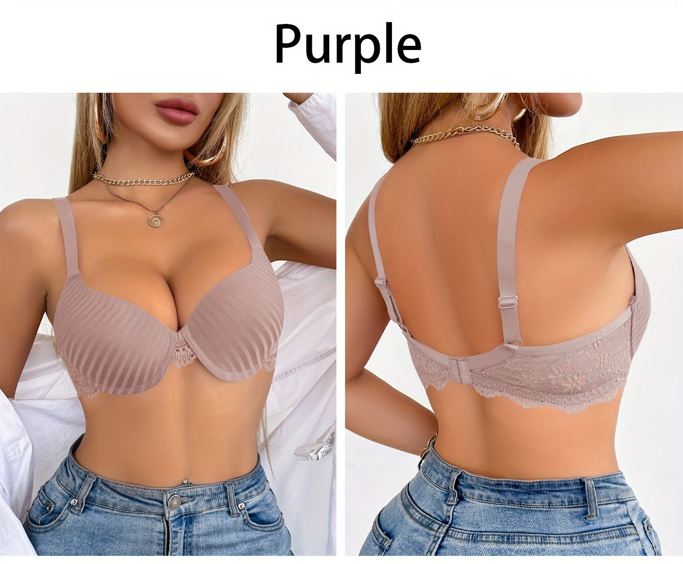 6pcs Women's Elegant Striped Push-Up Bra Set in Black, Beige, Red, White, Light Blue, Navy Blue - Soft, Breathable, Full Coverage Underwire Support with Lace Detailing | Comfortable Everyday Bras | Elegant Striped Bra Set | C