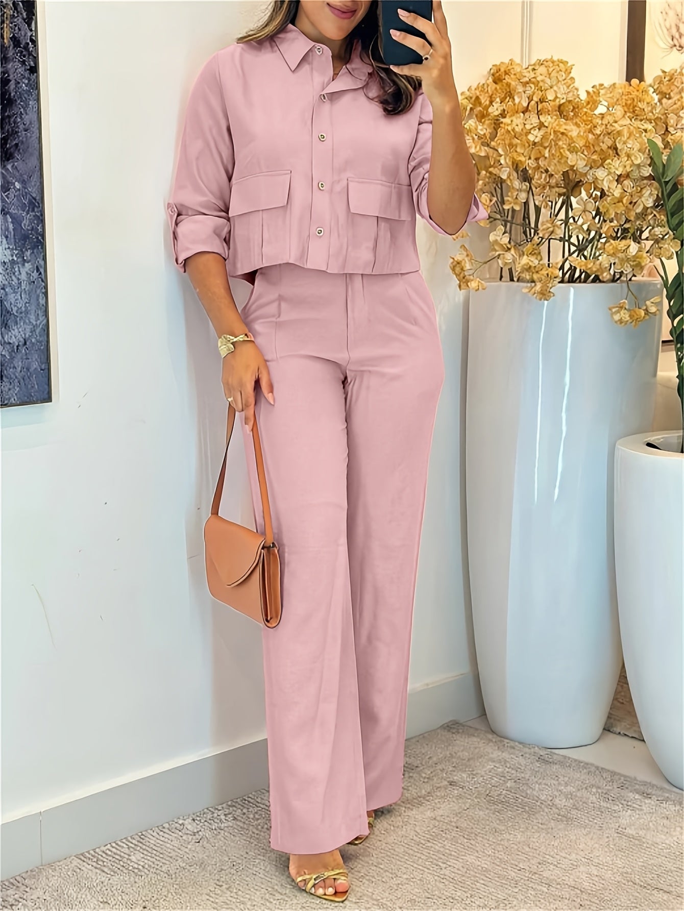 Women’s Shirt & Pants Set – Long Sleeve & Wide Leg
