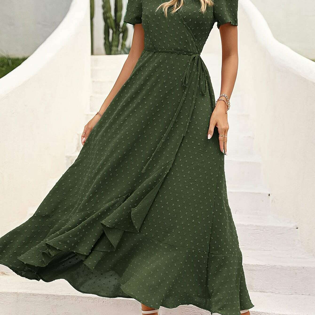 Elegant Women's Swiss Dot Surplice Neck Maxi Dress - D&M Boutique