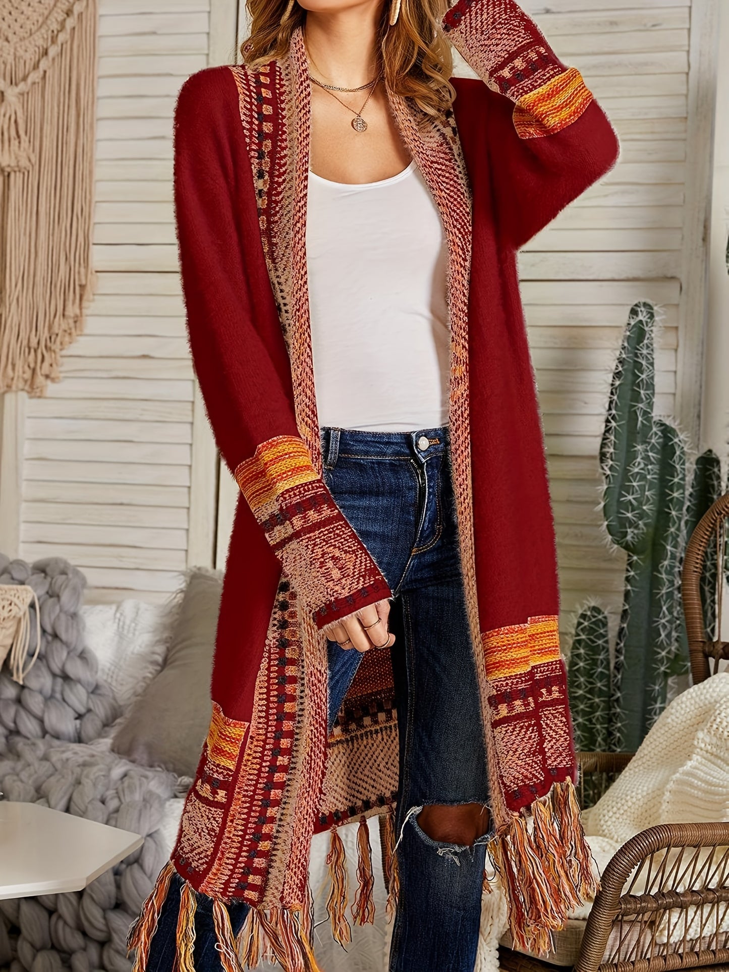 Women Boho Cardigan Sweater Long Open Front Maxi Knit Sweaters Aztec Tribal Tassel Fringe Thin Coat