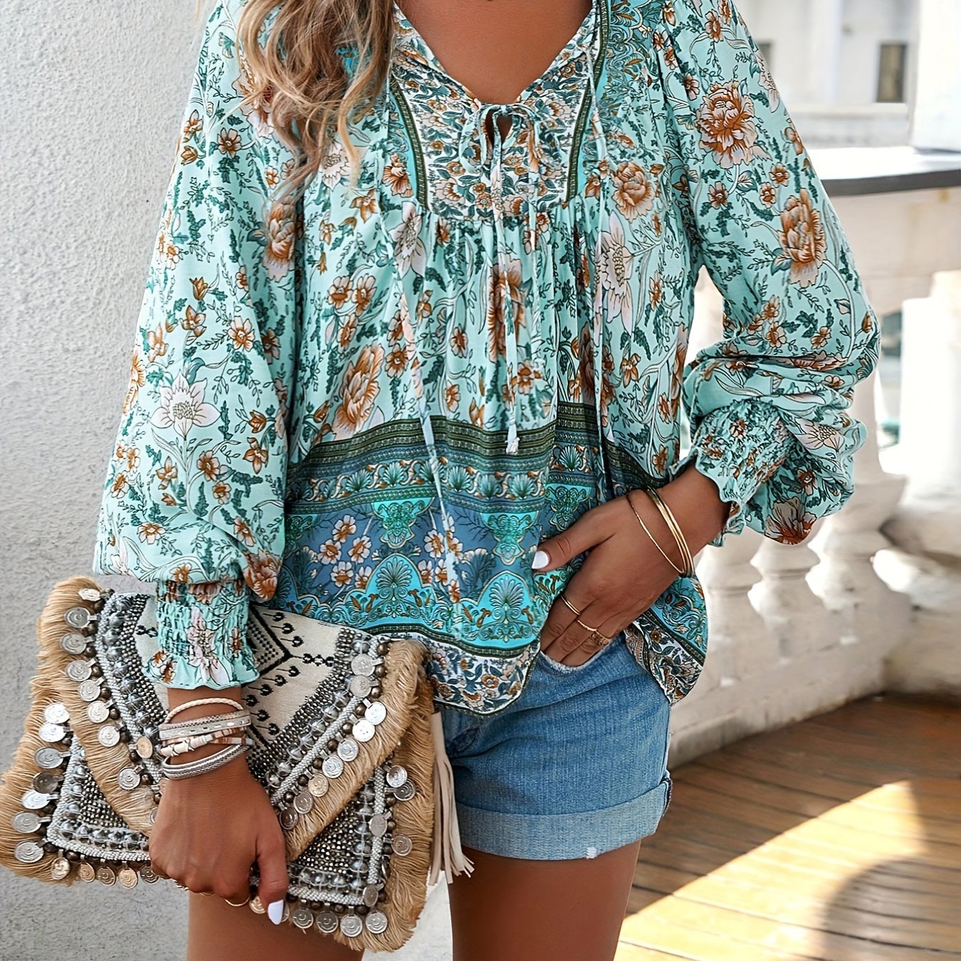 Floral Print V Neck Blouse, Casual Drawstring Long Sleeve Blouse For Spring & Fall, Women'S Clothing