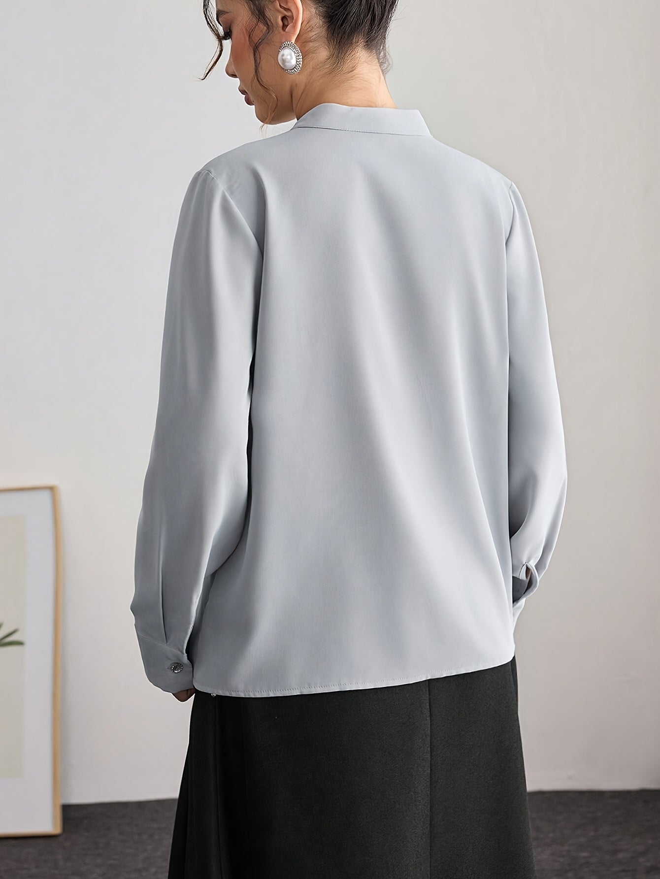 Women's Elegant French-Inspired Lace-Up Blouse with Cross Neckline & Pleated Detailing - Thick Non-Pilling Long Sleeve Shirt, Machine Washable Solid Color Top for Spring/Fall Office & Casual Wear, Lace Long Sleeve Top, Profes