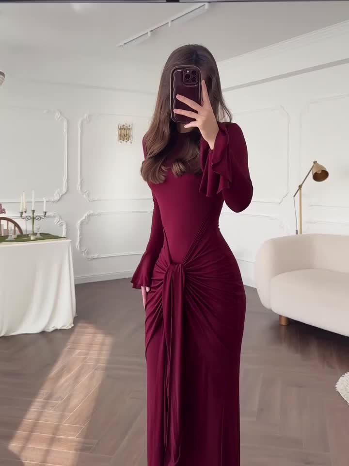 Elegant Maroon Long Sleeve Maxi Dress with Ruched Waist and Tie Detail - Stretchy, Flowing Design for Indoor Evening Events, Perfect for Fall/Winter Gatherings, Formal Evening Wear|Ruched Waist Dress|Stretchy Fabric