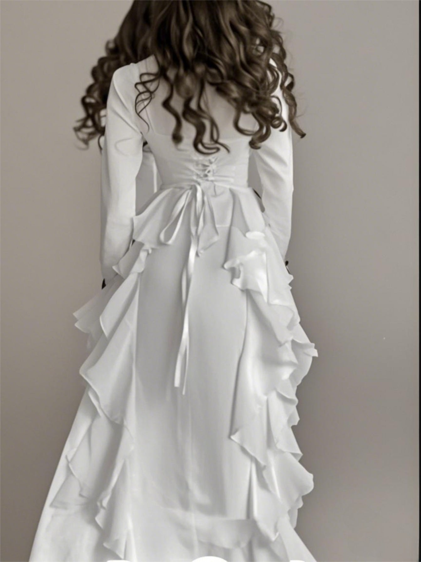 Elegant White Mock Neck Maxi Dress with Bell Sleeves & Ruffle Hem - Fitted Top & Flowy Skirt, Machine Washable Polyester, Non-Stretch, Versatile for Fall Events & All-Season Wear, Formal Event Attire, Nonstretch Material