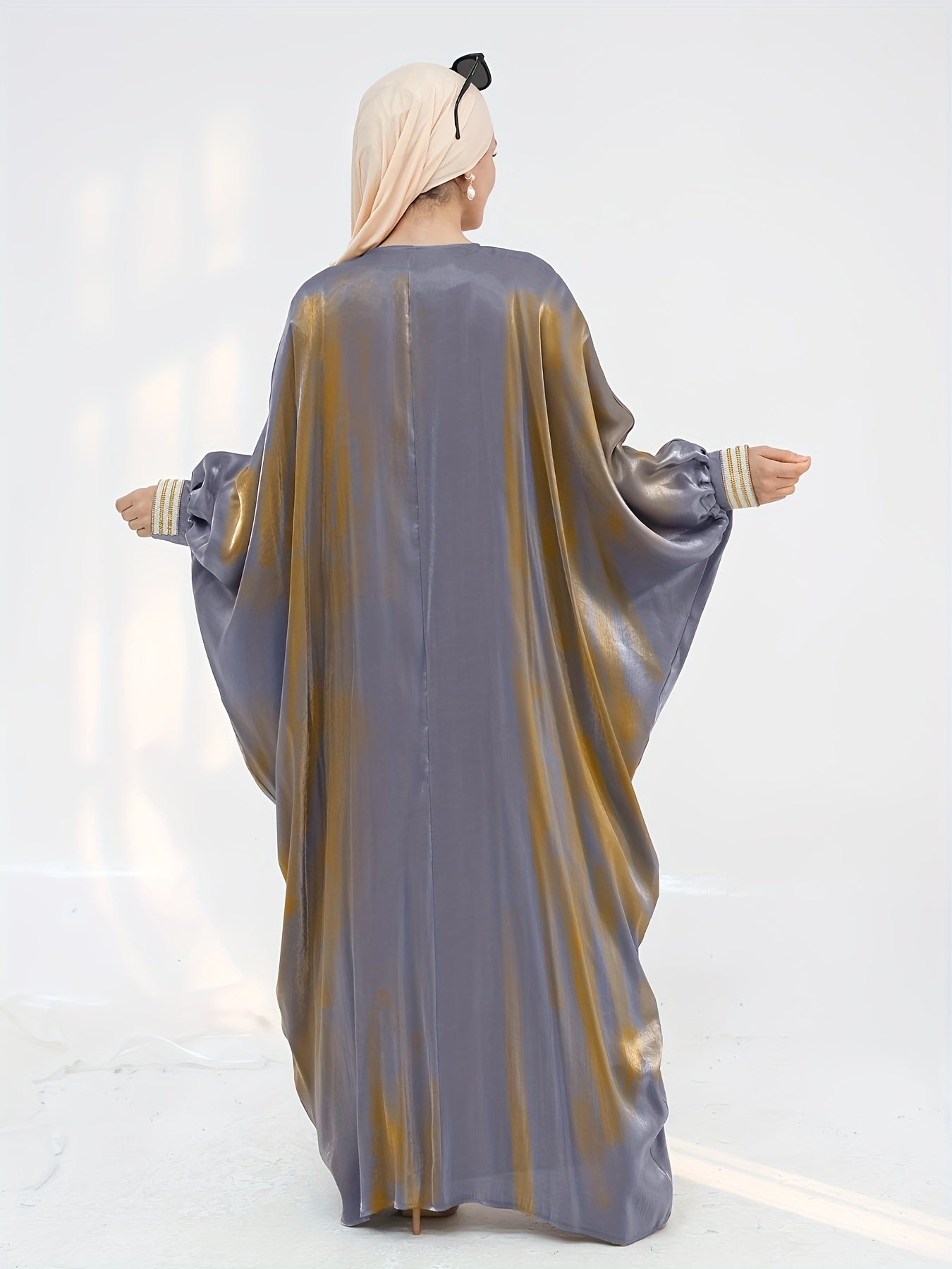 Women'S Reflective Golden & Gray Batwing Sleeve Long Tunic - Long Sleeve, Flowing Design, Perfect for Spring/Summer, Stylish Layering Piece, Summer Fashion | Flowing Tunic | Glossy Finish
