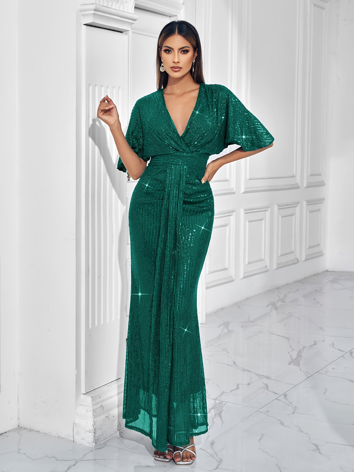 Sparkling V-neck Waist Cinched Dress