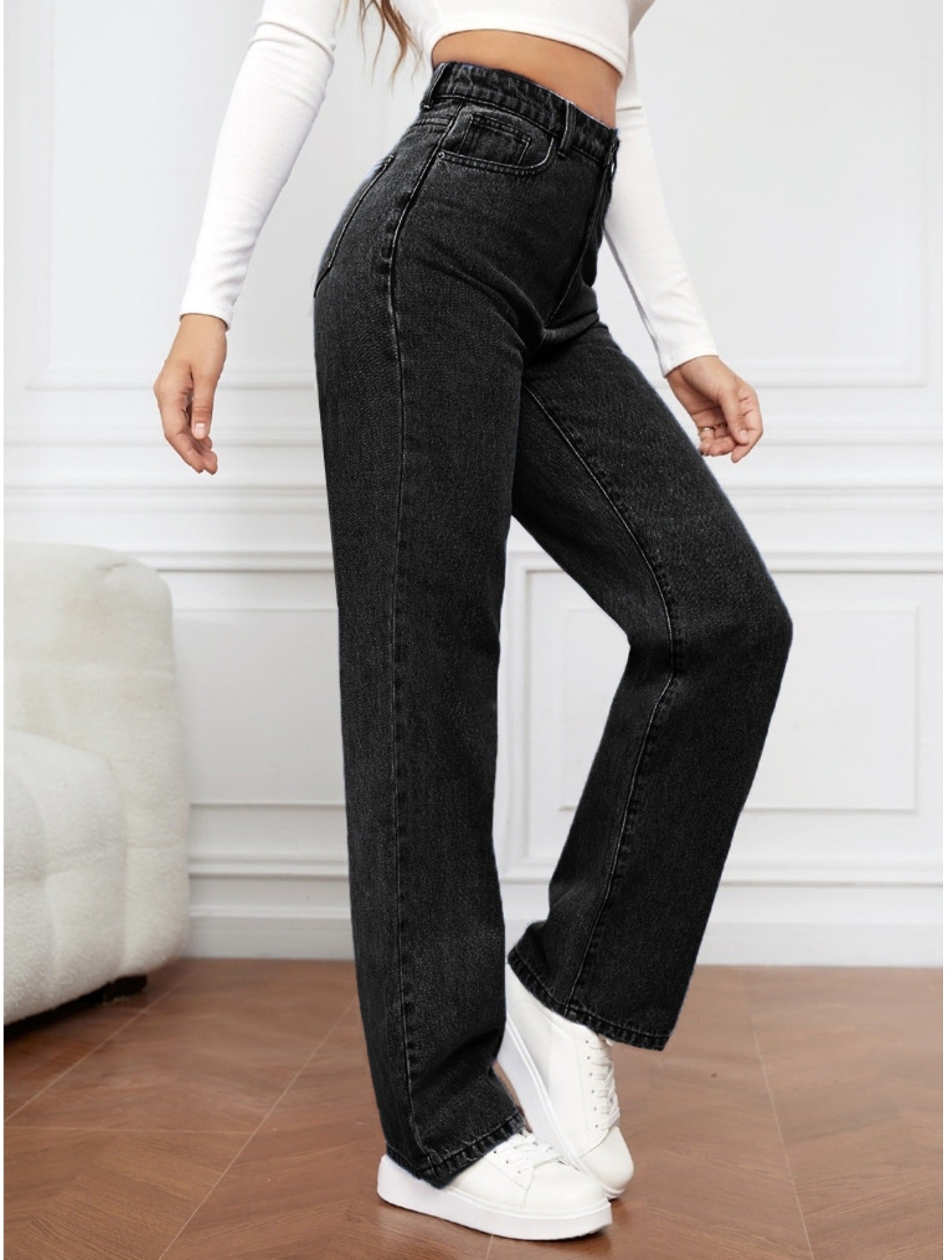 Women's High Waist Stretchy Jeans - Non-See-Through Washed Denim Pants with Straight Leg Fit, Stretchy Fabric for Everyday & Formal Outfits - Machine Washable All-Season Women's Pants, Street Style, Sleek Silhouette, Comforta