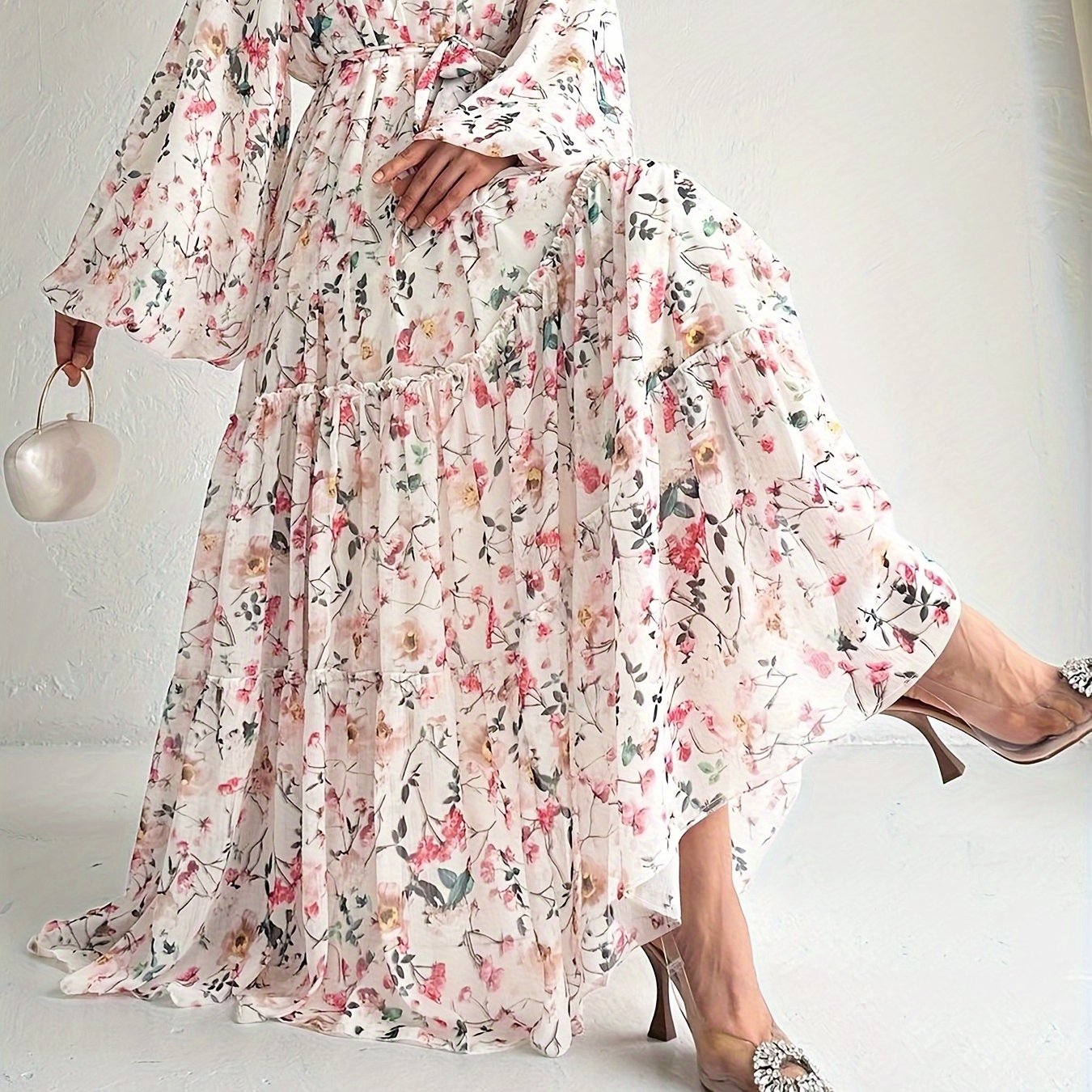 Women’s Floral Maxi Kaftan Dress – Long Sleeve, Crew Neck, Versatile