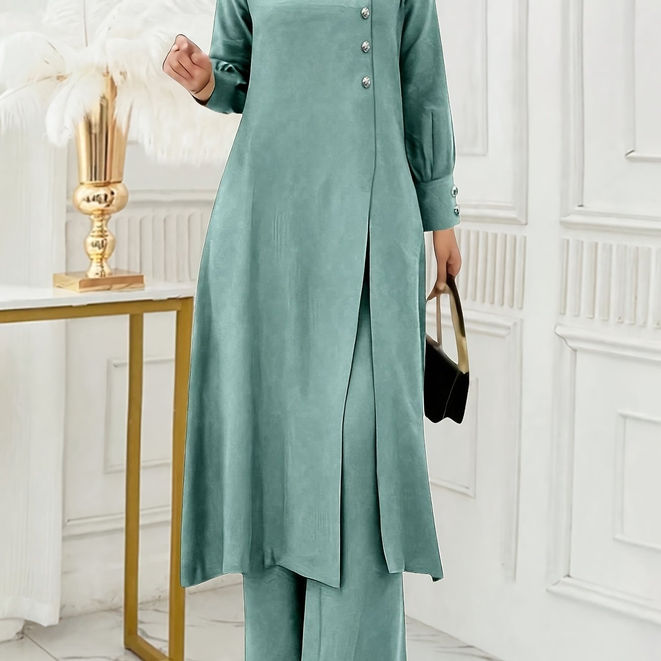 Ramadan, Women'S Front-Button Long Sleeve Slit Dress & Pants Casual Arabic Style 2pcs Set, Only Clothes, Without Headscarf