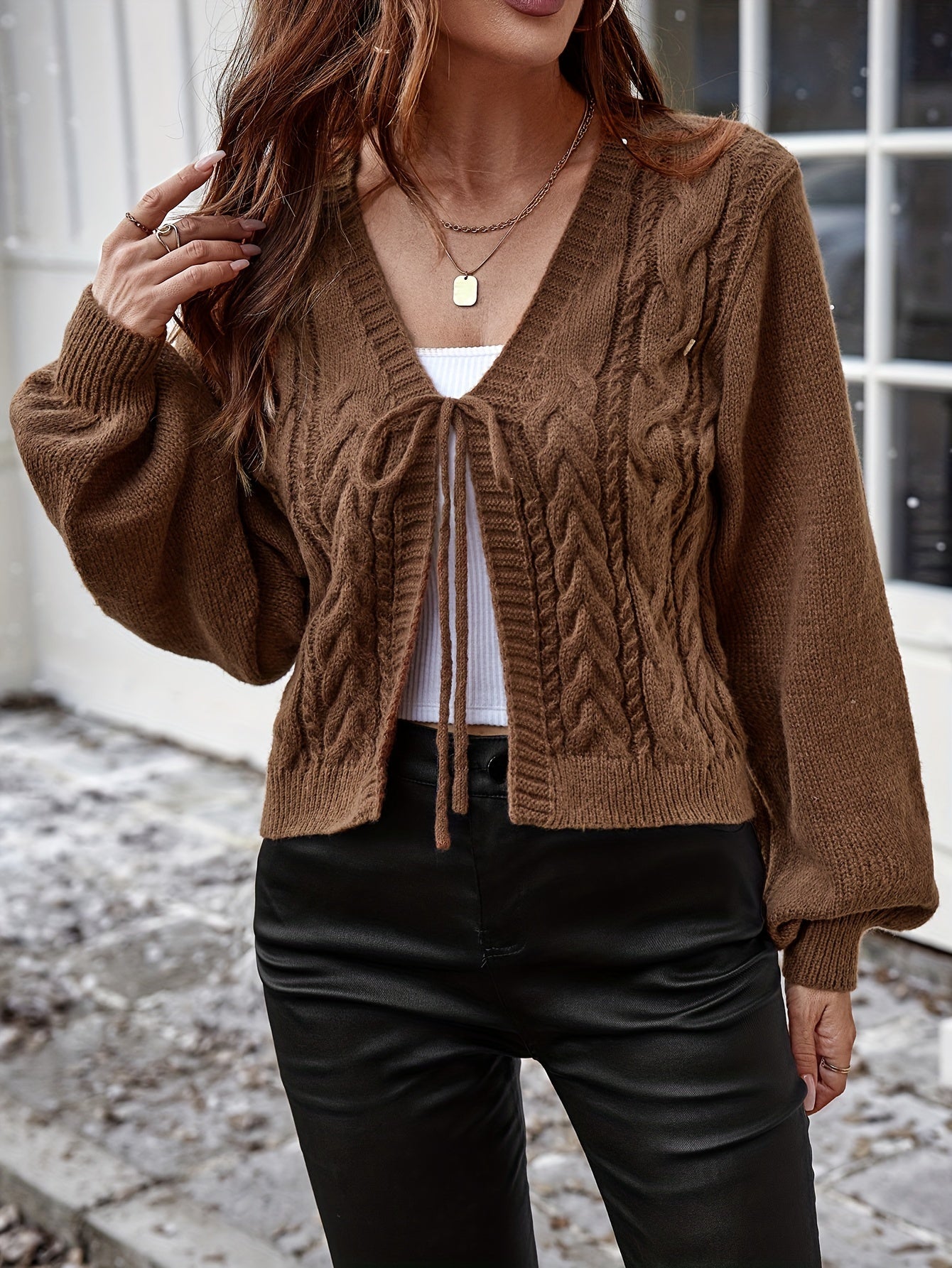 Long Sleeve Solid Color Polyester Cardigan - Elegant Casual Knit Sweater with V-Neck, Tassel Detail, and Drawstring for All Seasons