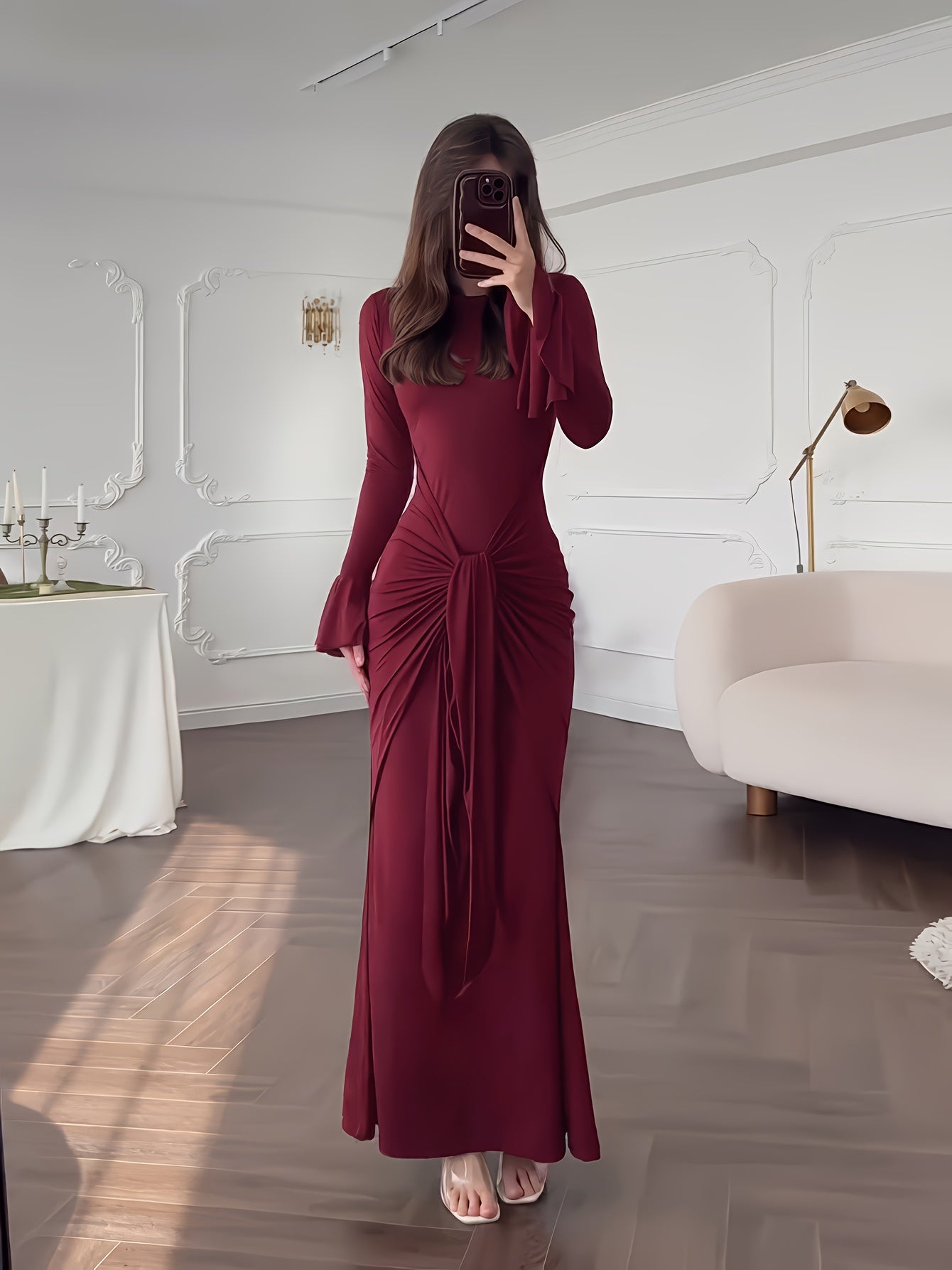 Elegant Maroon Long Sleeve Maxi Dress with Ruched Waist and Tie Detail - Stretchy, Flowing Design for Indoor Evening Events, Perfect for Fall/Winter Gatherings, Formal Evening Wear|Ruched Waist Dress|Stretchy Fabric