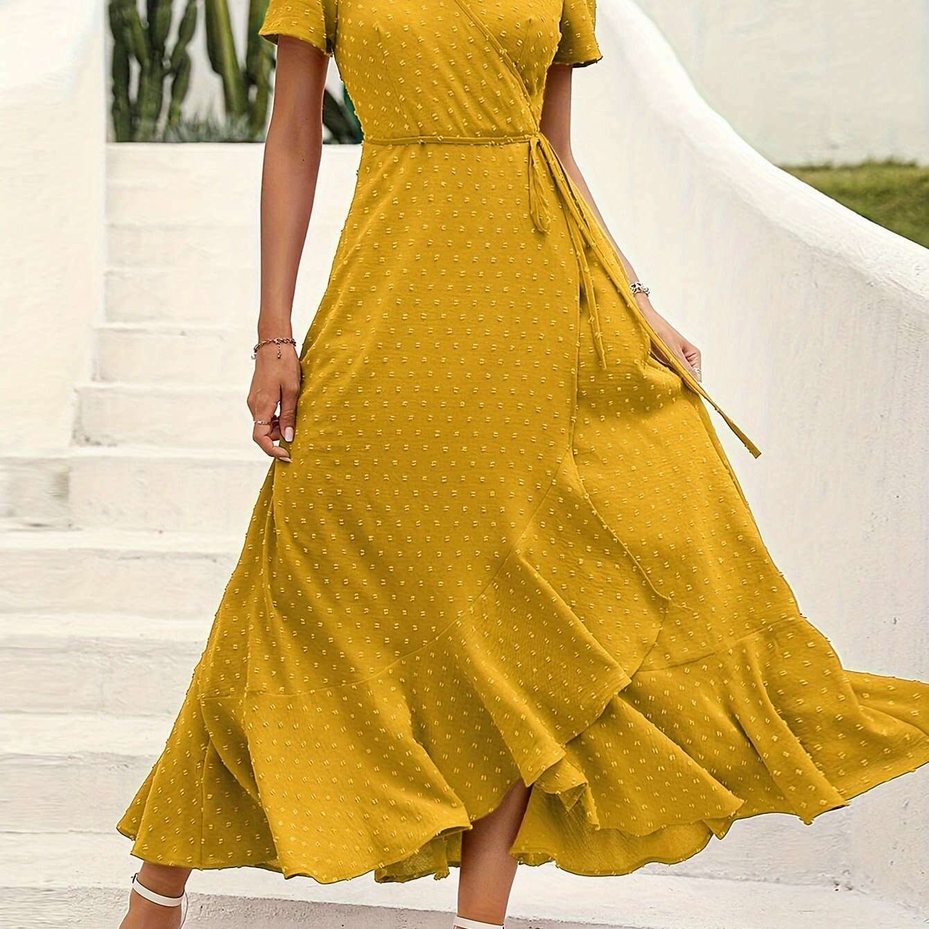 Elegant Women's Swiss Dot Surplice Neck Maxi Dress - D&M Boutique