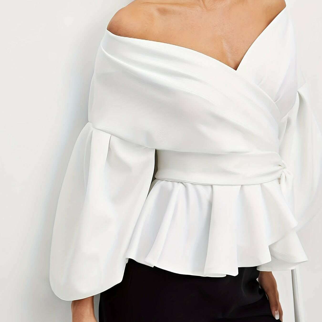 Elegant Off-Shoulder Blouse with Lantern Sleeves & Ruffle Hem