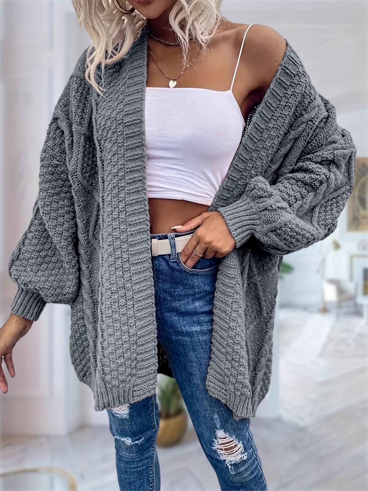 Women's Oversized Chunky Cable Cardigan Sweater Coat - Soft Pink Open Front Long Sleeve Winter Coat with Button-Free Closure, Cozy Fall & Winter Sweater for Casual Semi-Formal Outfits
